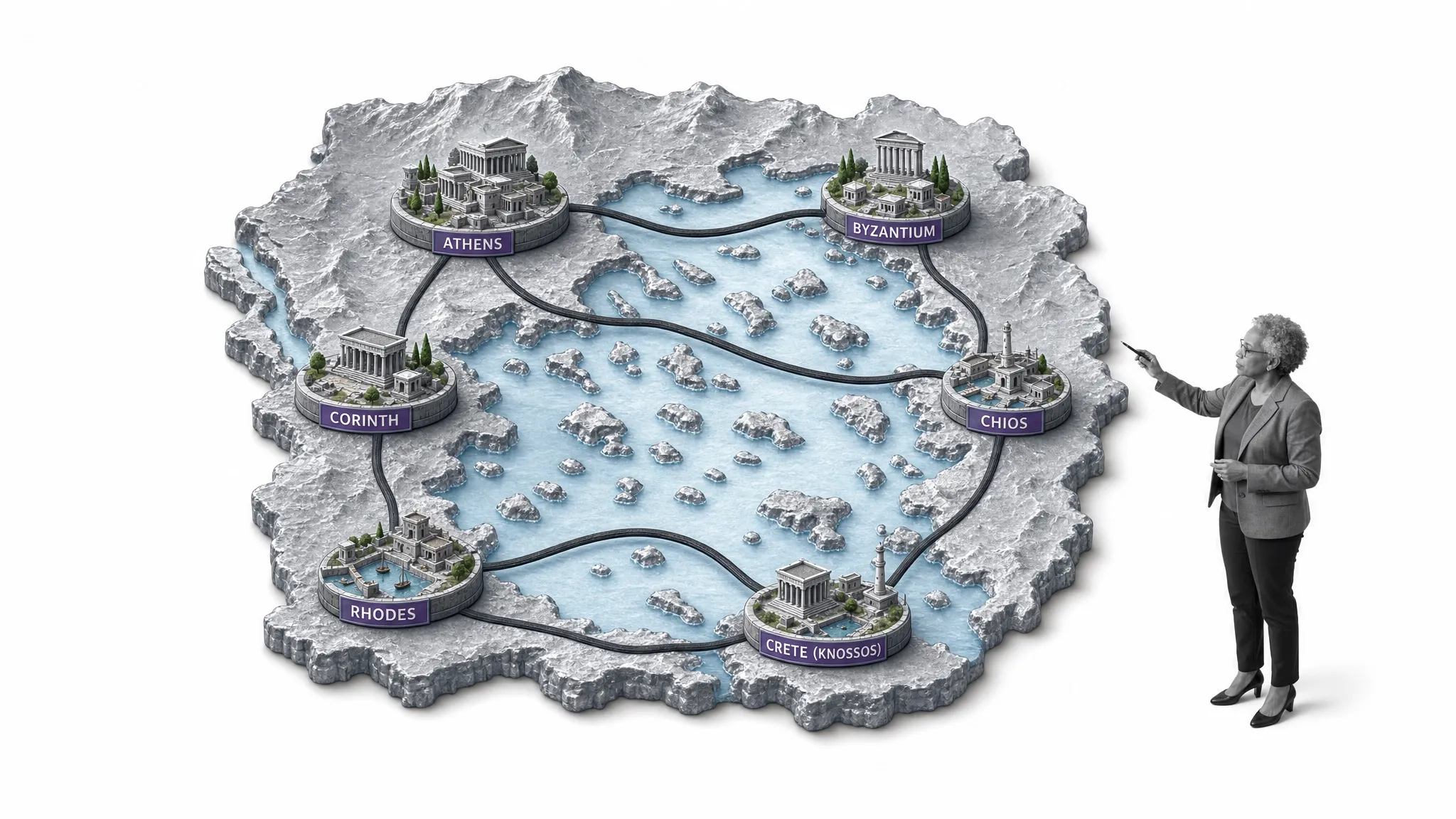 Aegean relief connecting ancient Greek city-states as an analyst traces one route