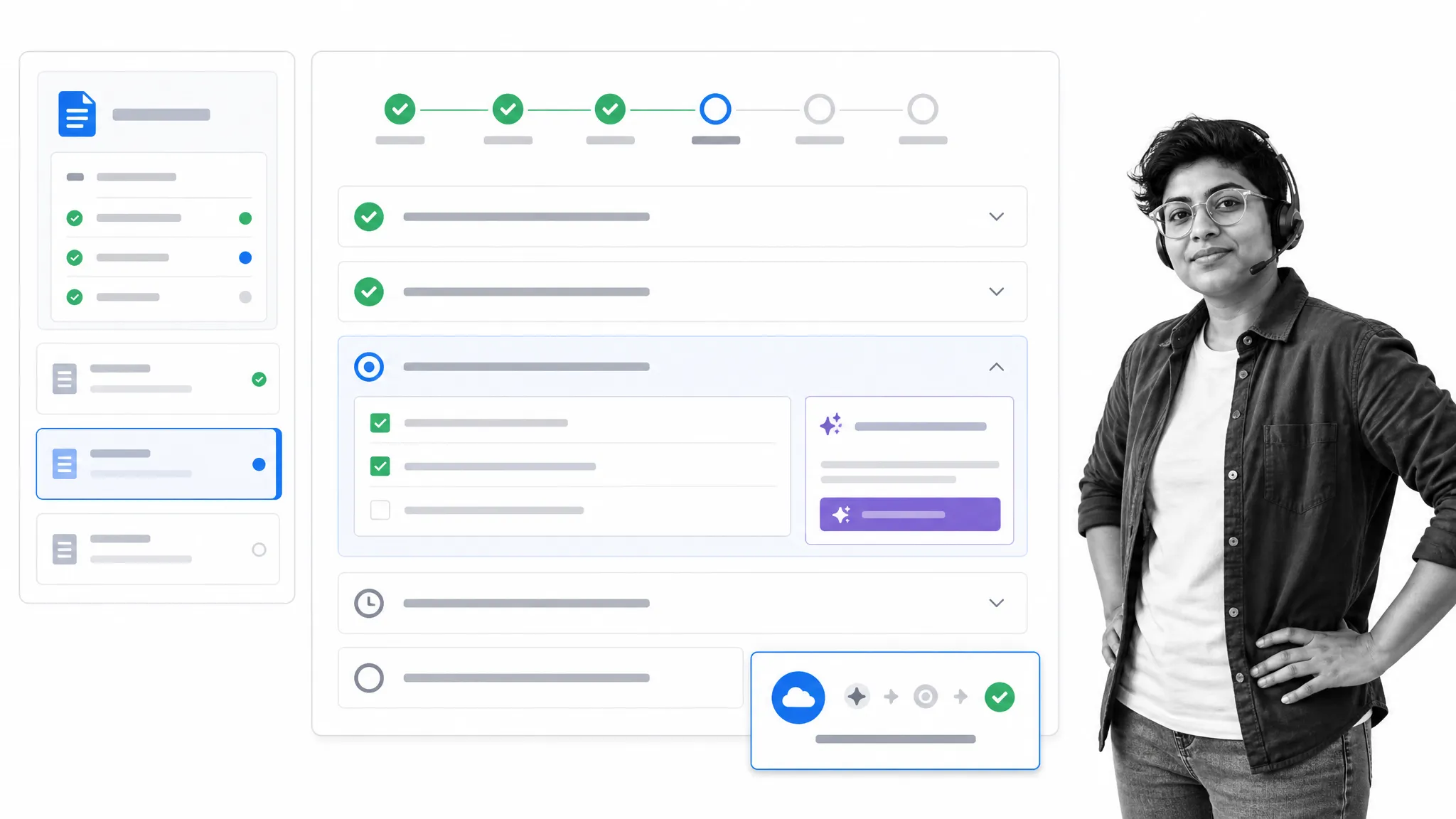 Process Street onboarding operation linking guidance, execution, AI assistance, and an integration event