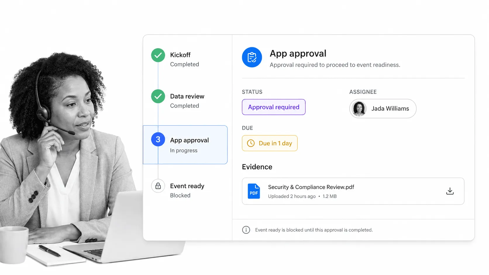 Customer success manager reviewing an onboarding approval workflow and event deadline