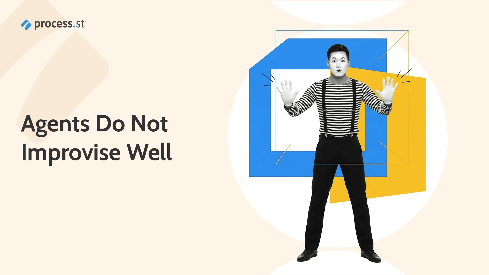 Process Street blog header for Agents Do Not Improvise Well, mime pressing against invisible walls representing structured workflow constraints