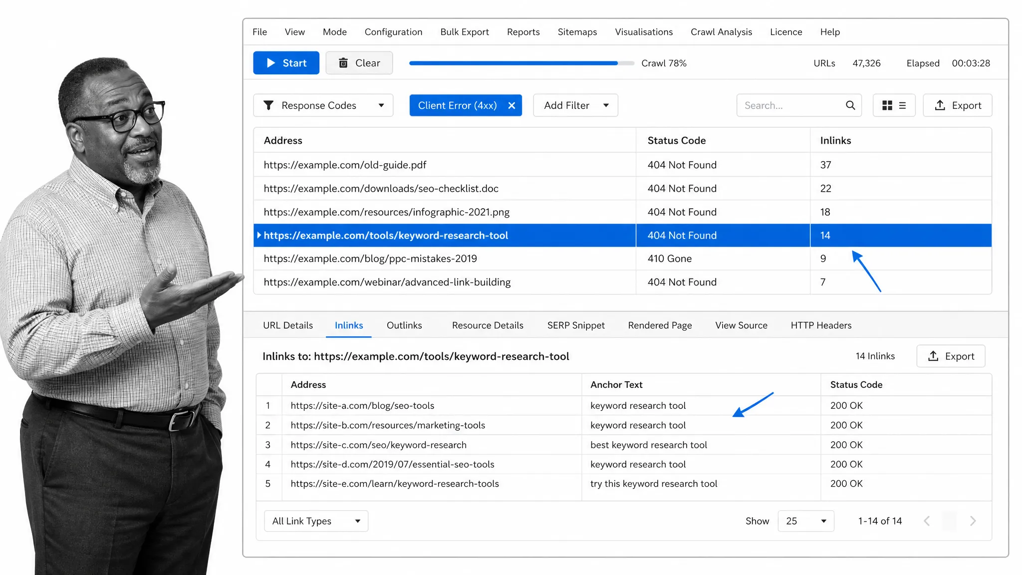 Screaming Frog SEO Spider view filtering 4xx errors and reviewing inlinks