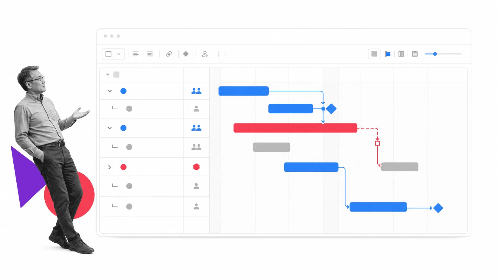 Project lead reviewing dependencies on a light project timeline