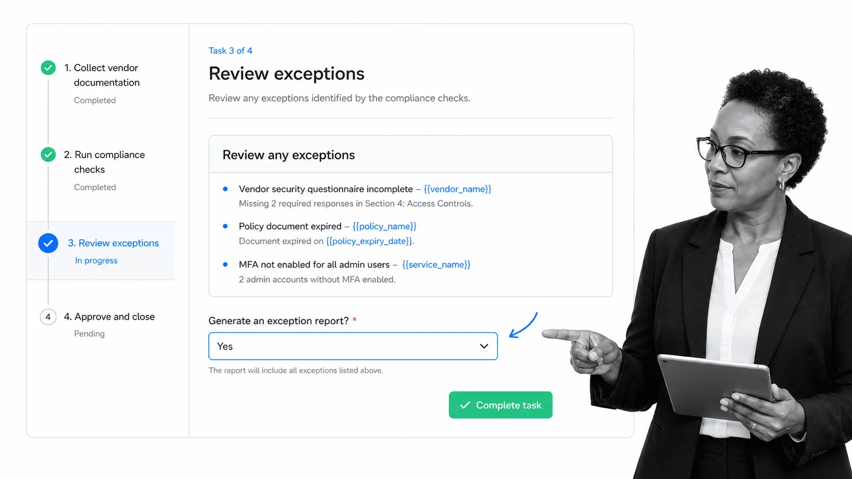 Process Street review task collating exceptions via variables with a dropdown to decide whether to generate an exception report