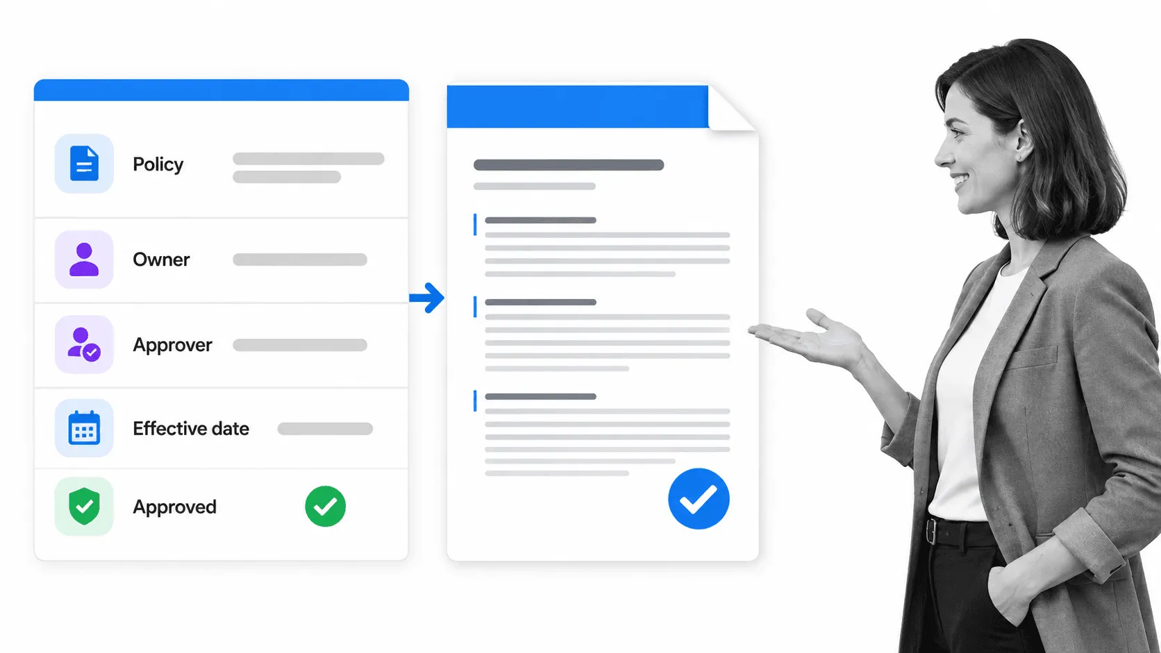 Formal policy approval information beside a document editor