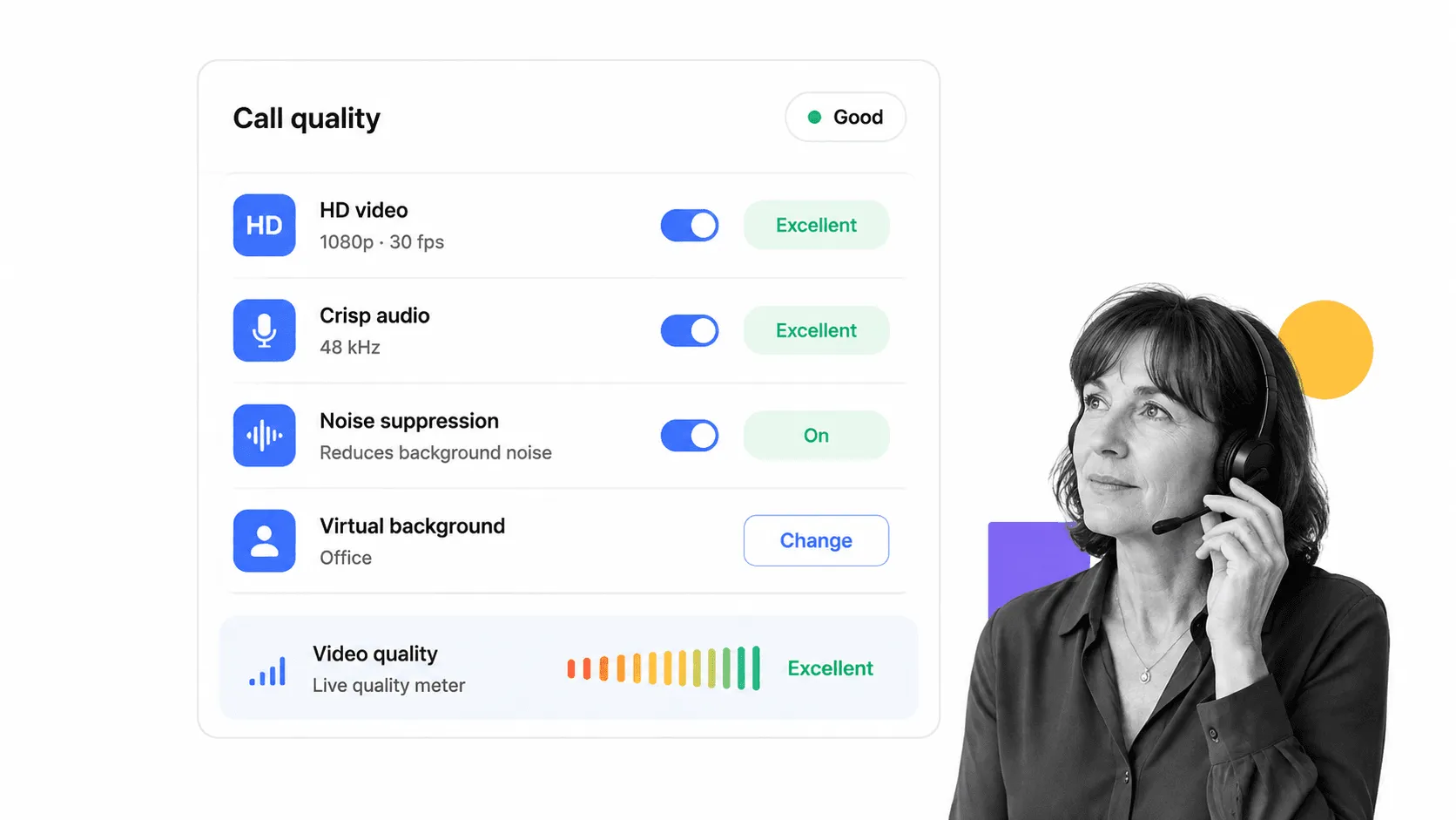 Video call quality panel showing HD video, crisp audio and noise suppression controls