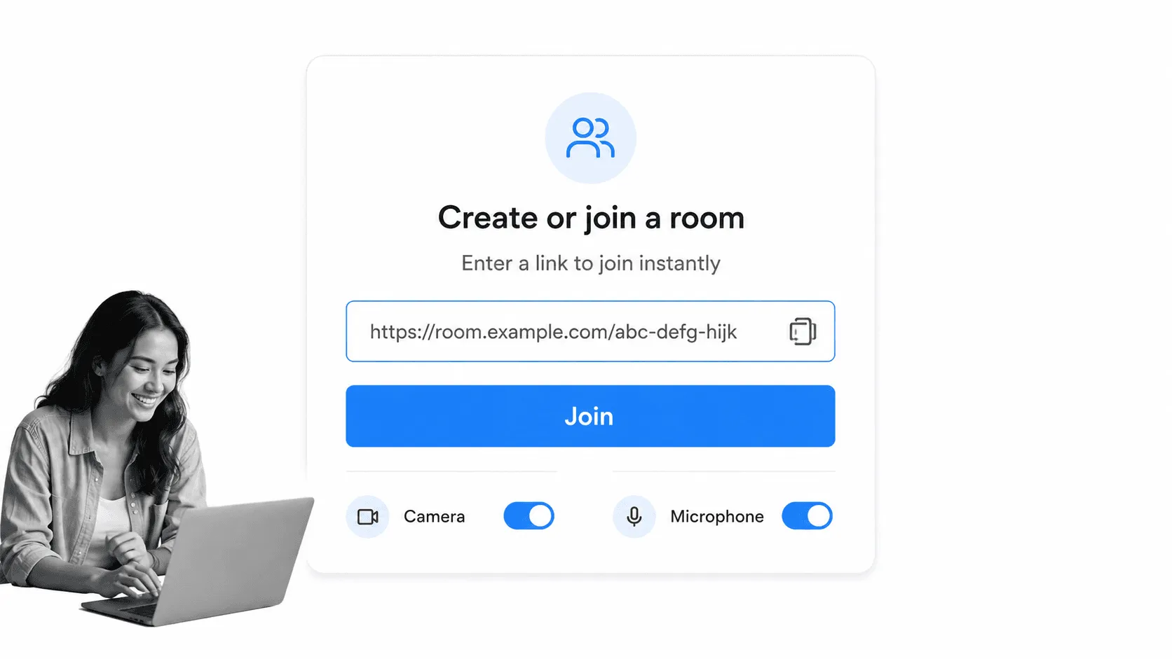 Create or join a video meeting room screen with a shareable link and Join button