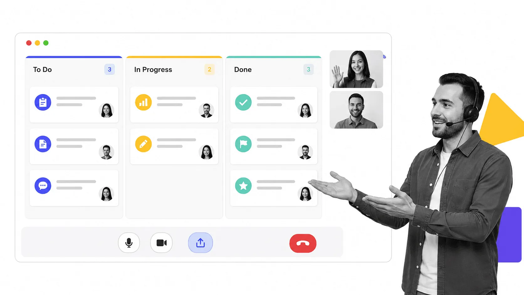 Video meeting screen sharing a team kanban board with call controls