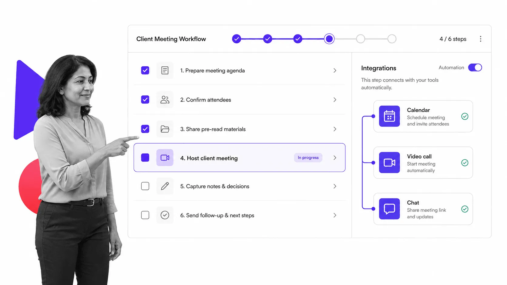 Process Street client meeting workflow checklist wired to calendar, video call and chat integrations