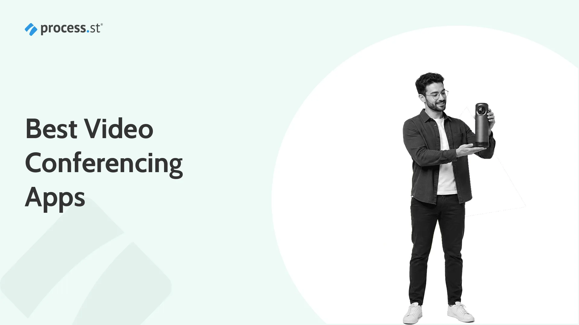 Person holding a smart conference room video camera for a business video conferencing app comparison
