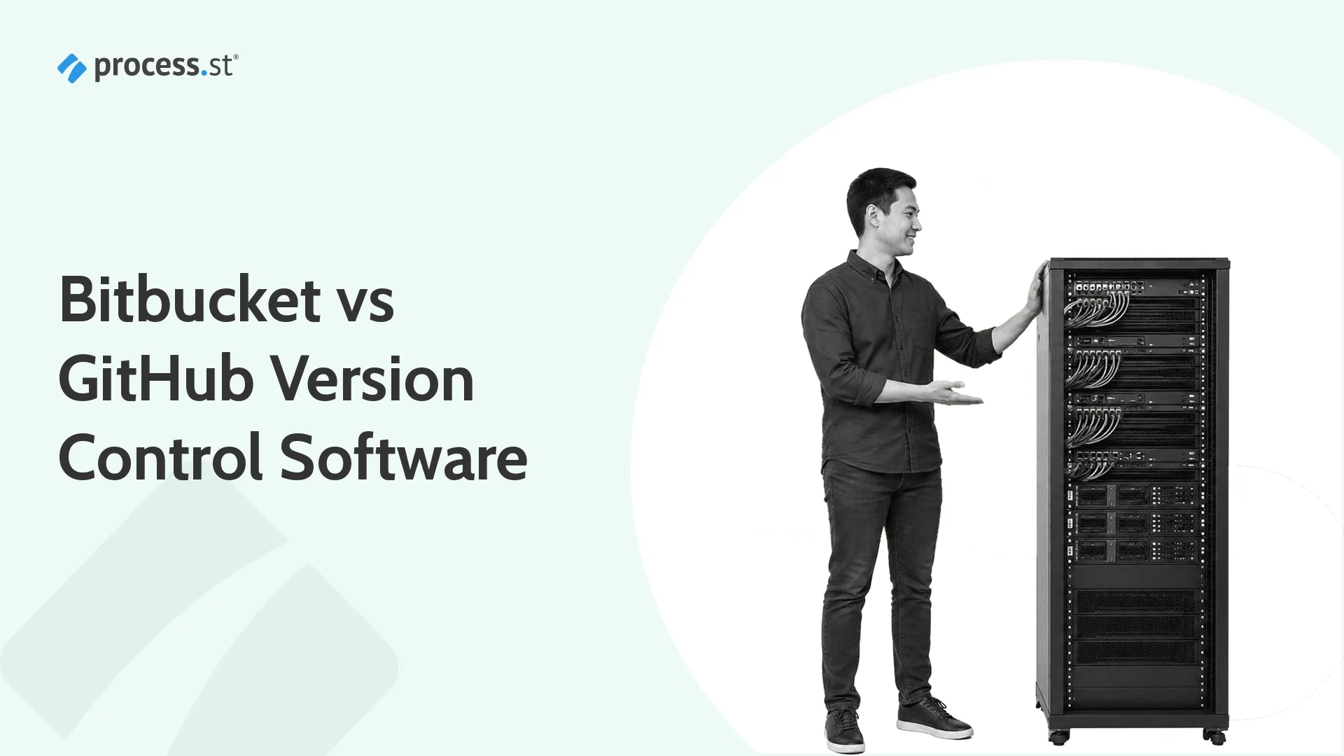 Black-and-white illustration of an engineer standing beside a rack of code-hosting servers, representing the choice between Bitbucket and GitHub for version control software at a business.