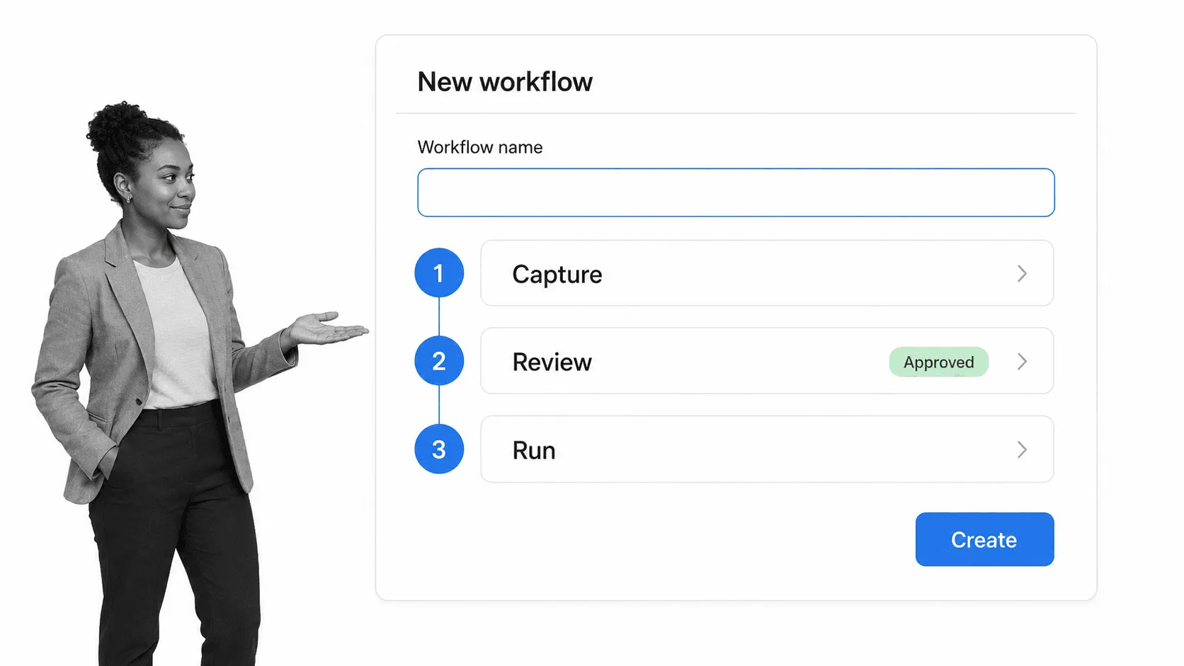 Workflow creation screen with capture, review, approval, and run stages