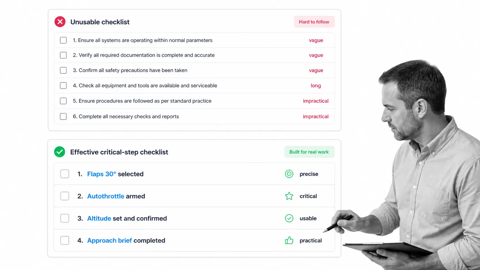 Unusable checklist compared with an effective critical-step checklist