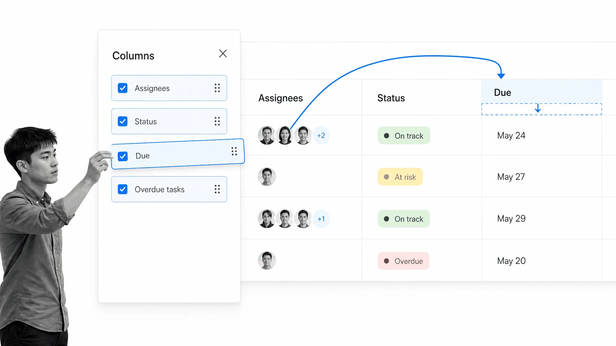 Custom report columns for assignees status due dates and overdue tasks