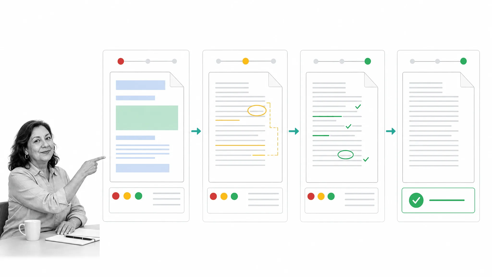 A manuscript moving through structural editing, line editing, proofing, and approval