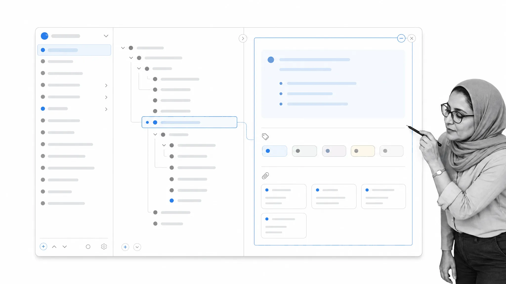 Nested outline and tagged research notes supporting a focused writing section
