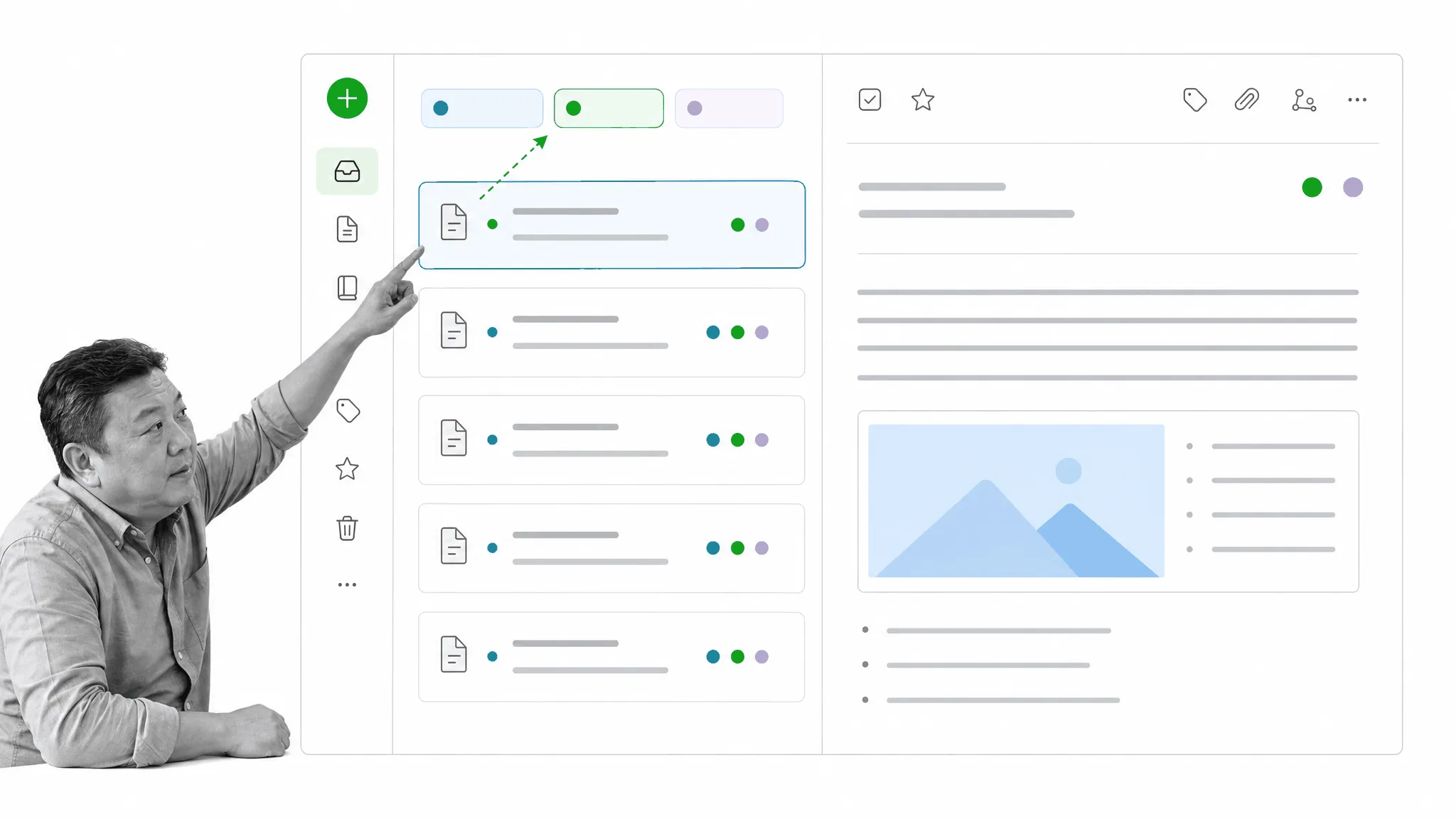 Notebook inbox and tags organizing research around one selected blog project