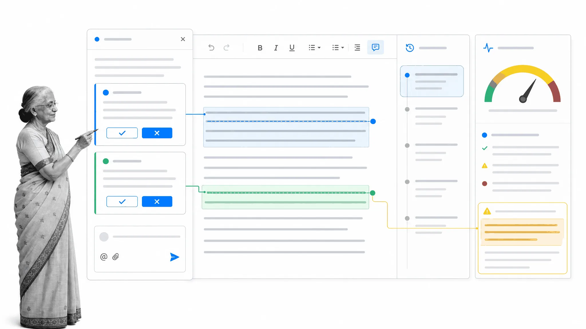 Shared draft suggestions, version history, and readability diagnostics in one review surface