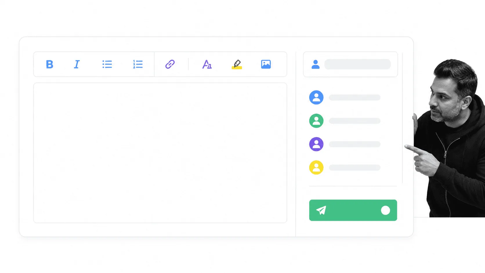 Rich email editor with formatting tools and recipient controls