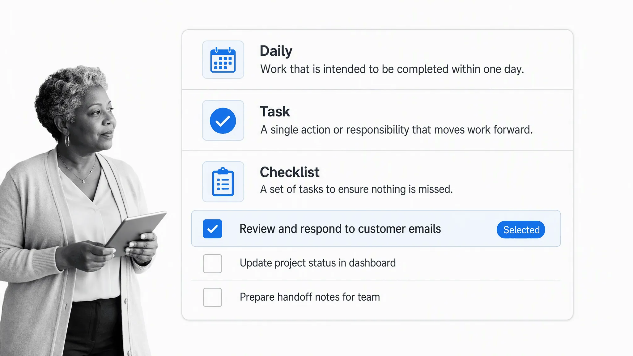 Daily checklist with priorities and completed tasks