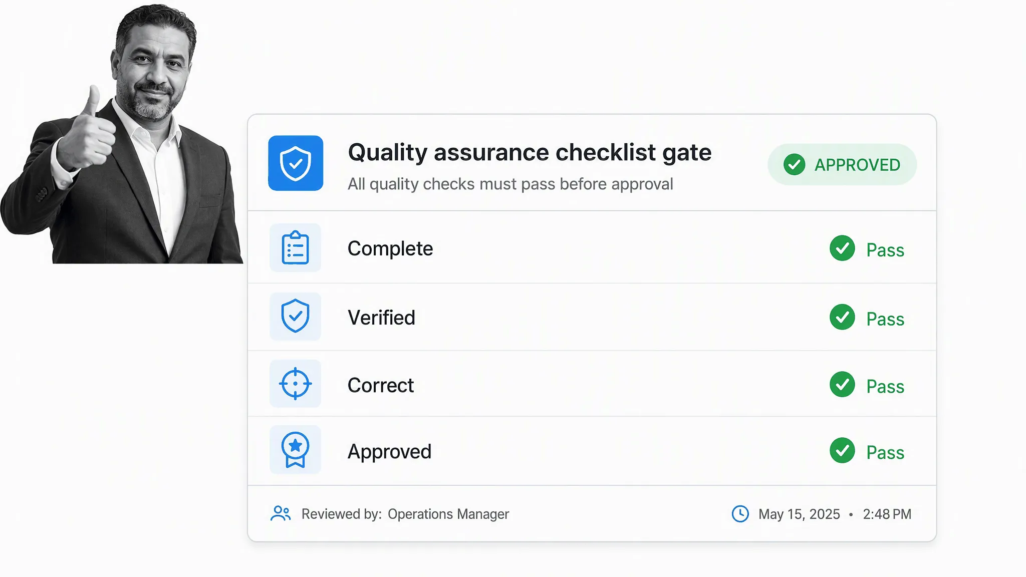 Quality control checklist beside completed work