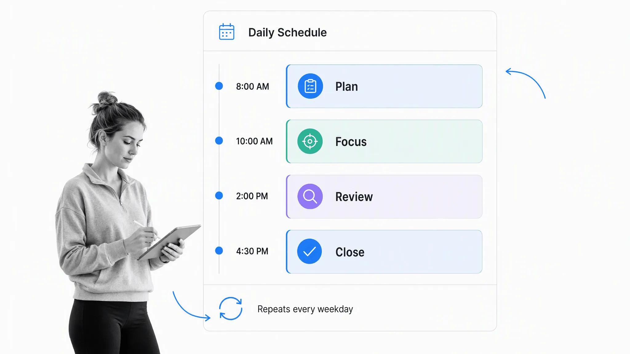 Daily tasks arranged across a clear time plan