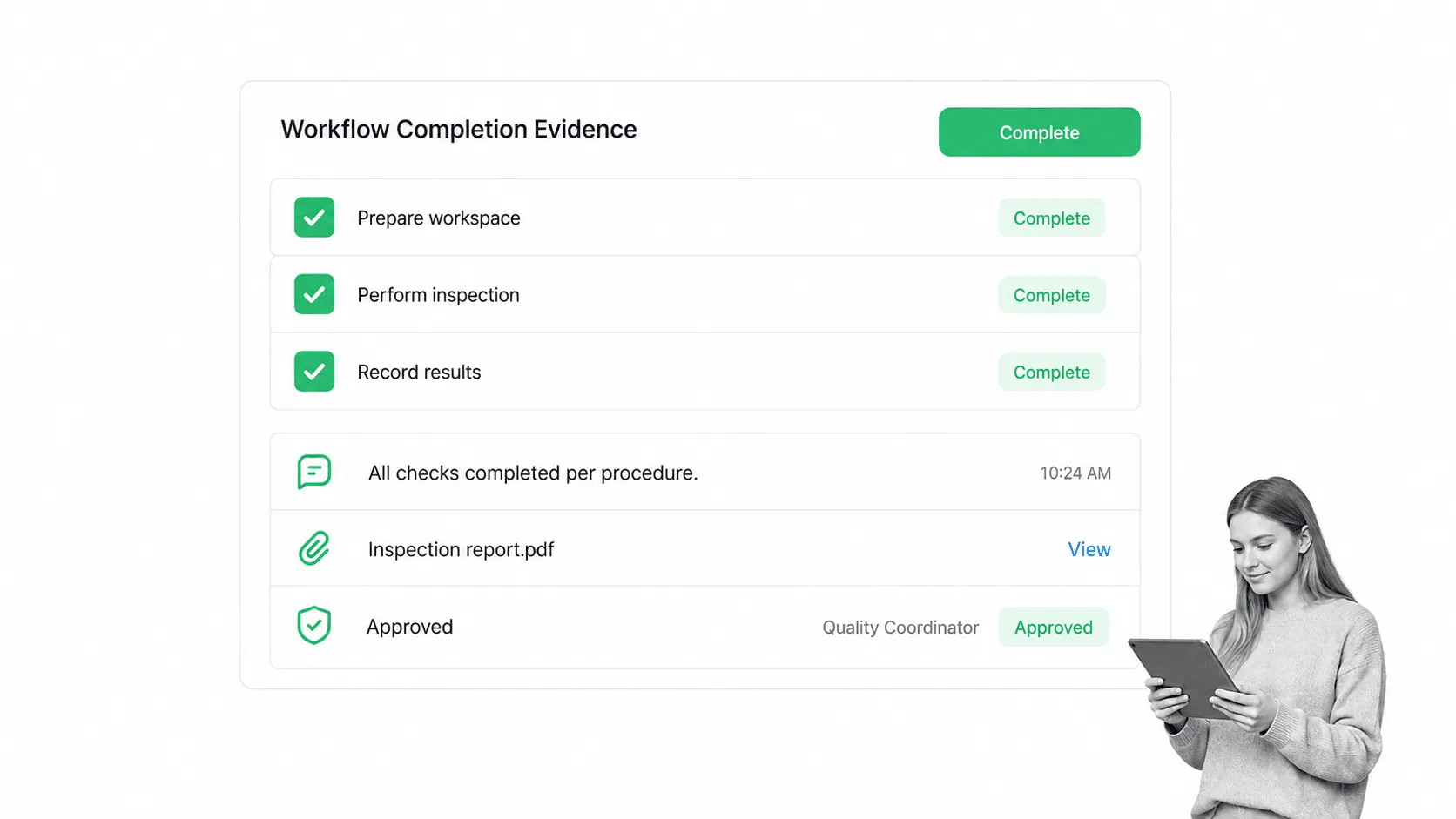 Completed workflow with comments, evidence, and approval