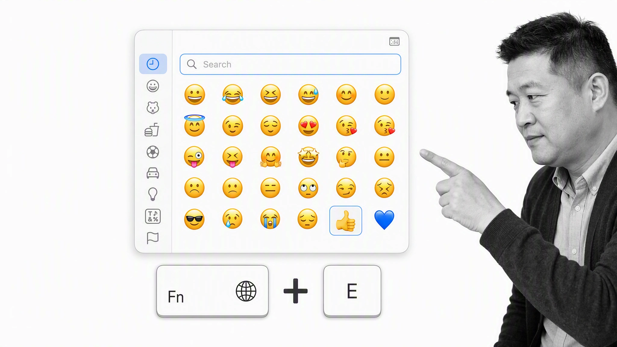 Opening the emoji and symbol viewer with the Mac function or globe key and E