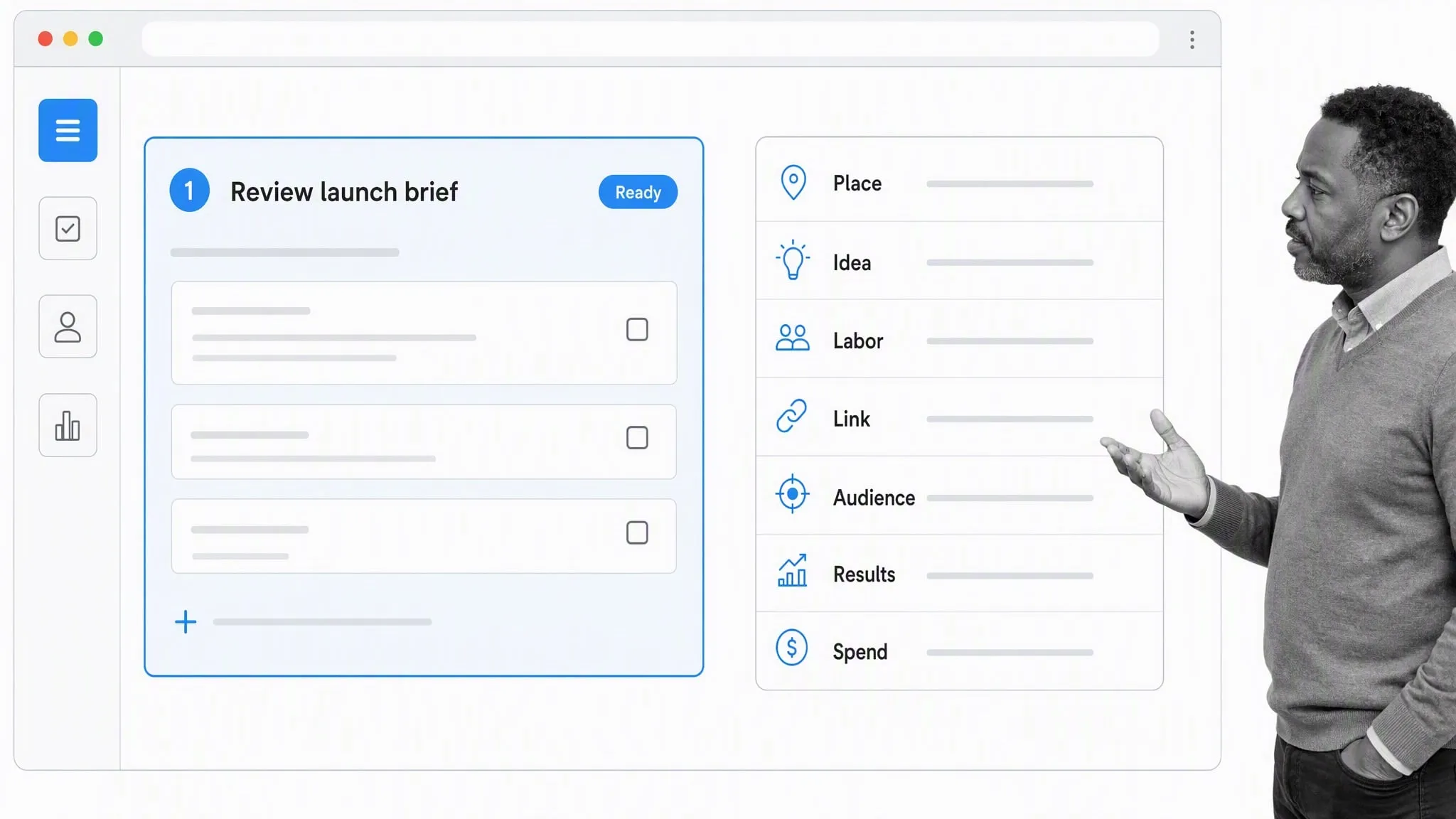 PILLARS workflow with emoji cues for place, idea, labor, link, audience, results, and spend