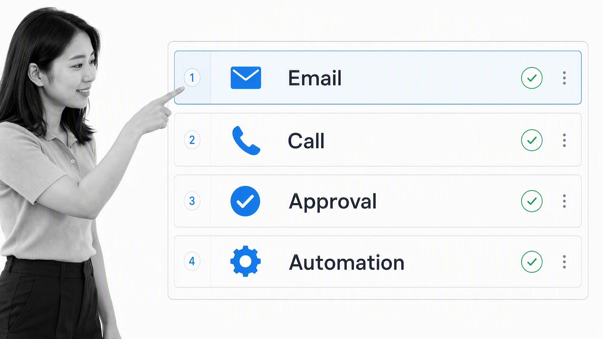 Workflow task types for email, calls, approvals, and automation