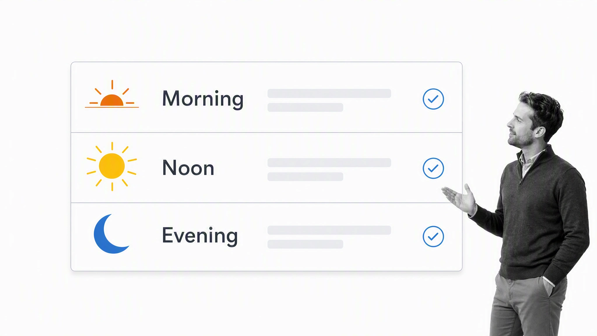 Morning, noon, and evening workflow tasks marked with visual cues