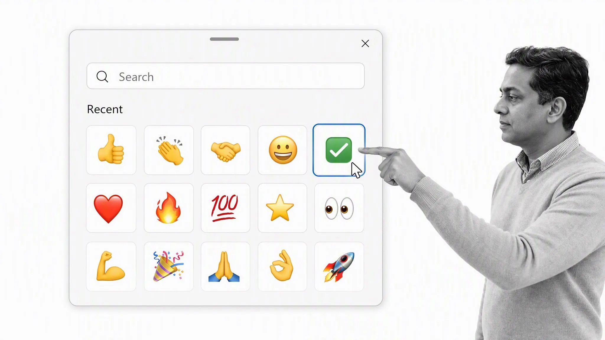 Searching for and selecting a checkmark in the Windows emoji panel