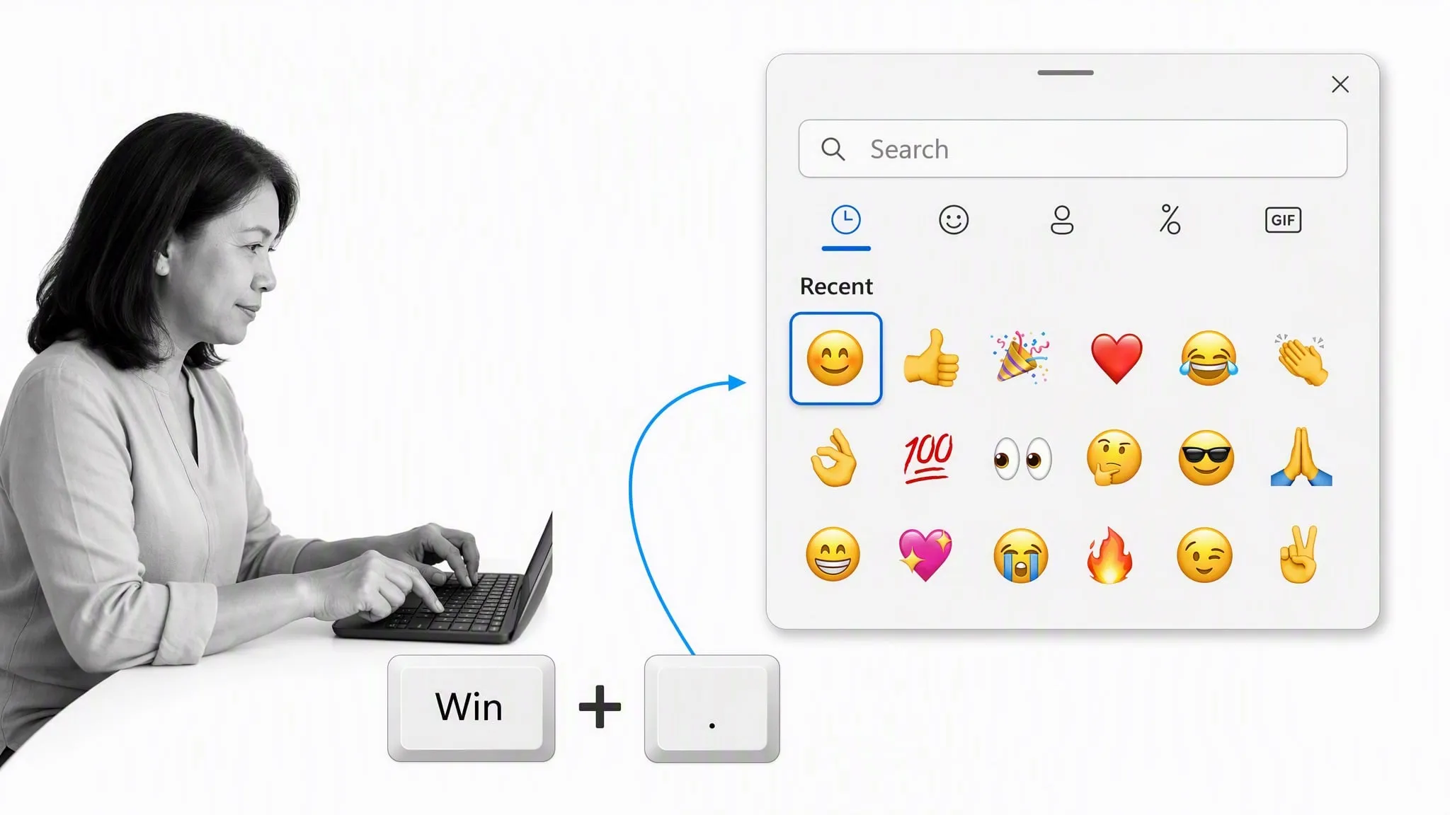 Opening the Windows emoji panel with the Windows key and period