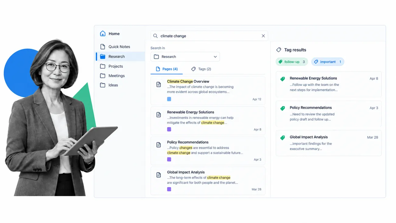 Scoped note search with page results and tag results