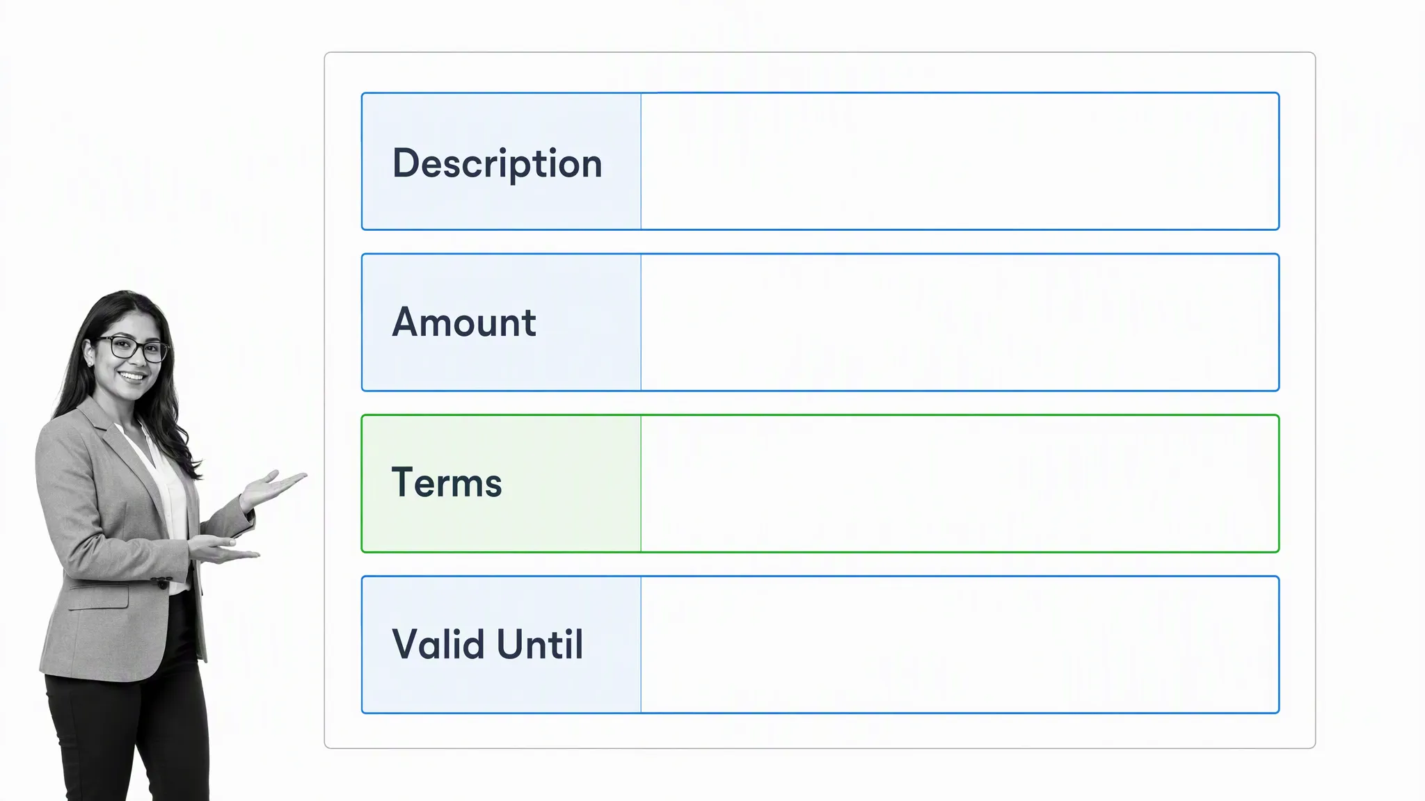 PDF estimate fields for description, amount, terms, and validity date