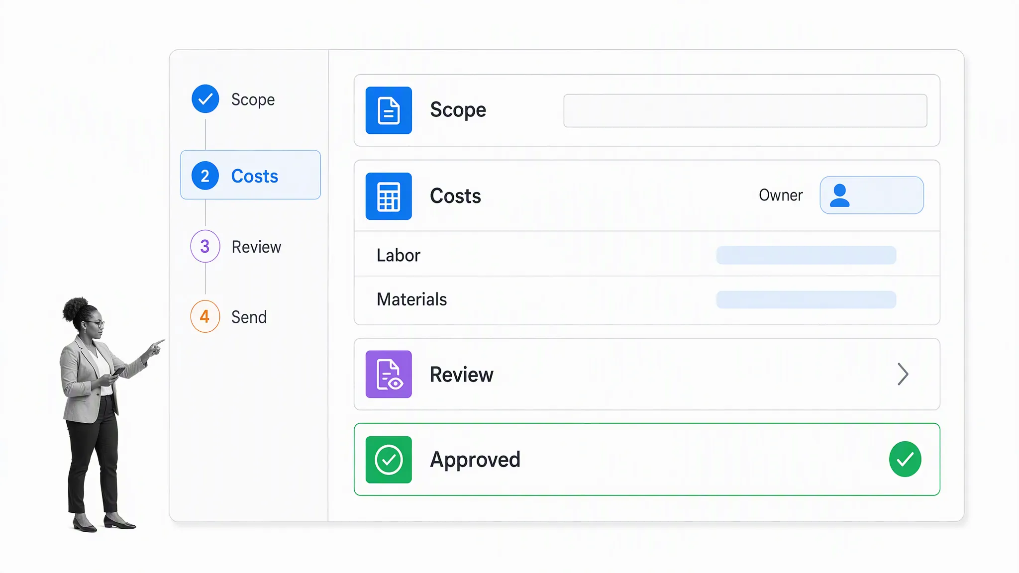 Controlled job estimate workflow for scope, costs, review, and approval
