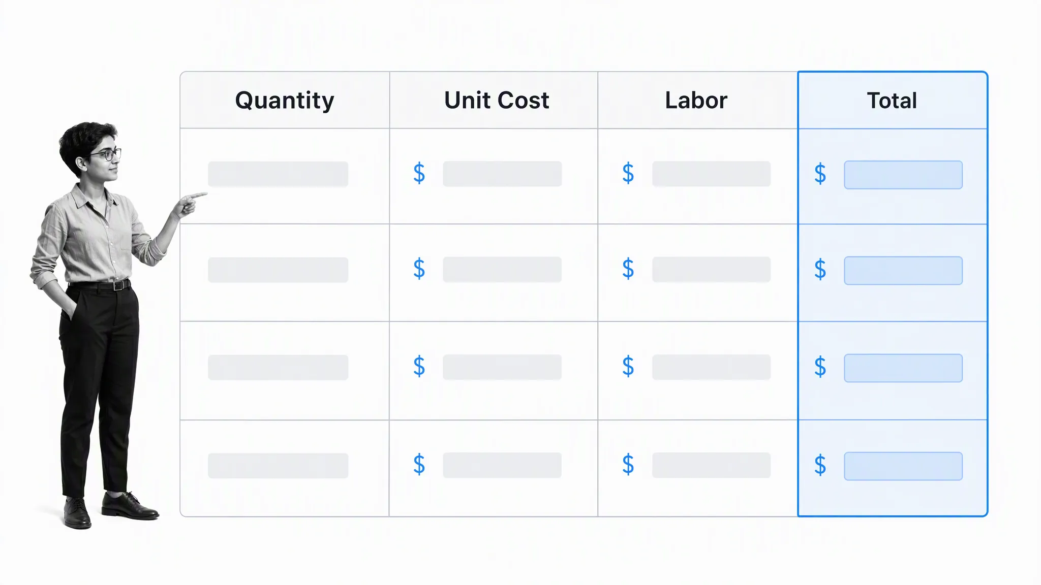 Spreadsheet estimate columns for quantity, unit cost, labor, and total