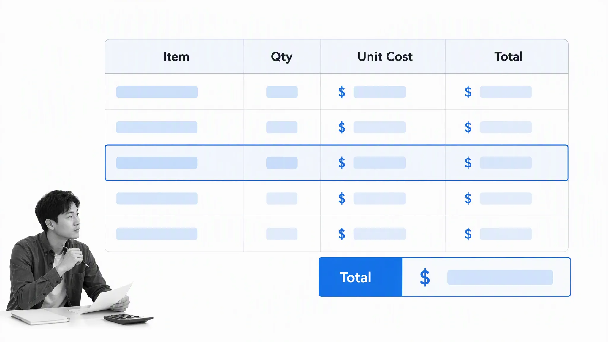Editable job estimate table with item, quantity, unit cost, and total