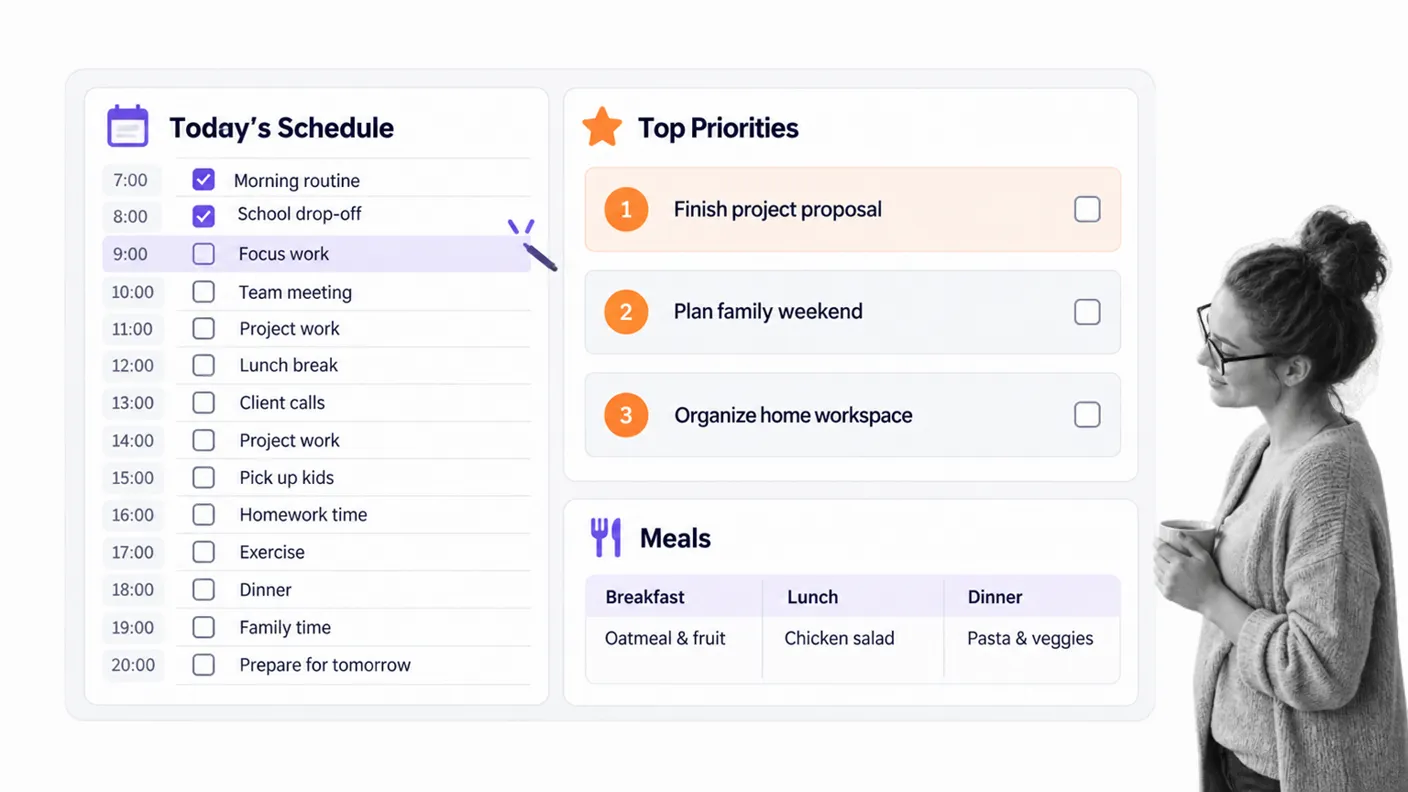 Daily schedule and top priorities planner with a professional reviewing the list