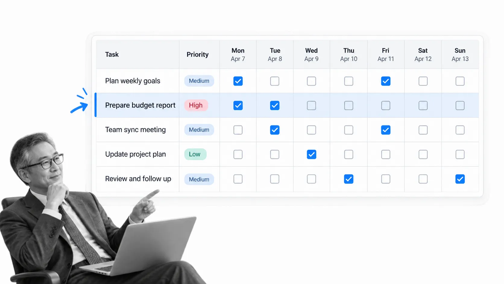 Weekly spreadsheet to do list with priorities and day by day checkboxes