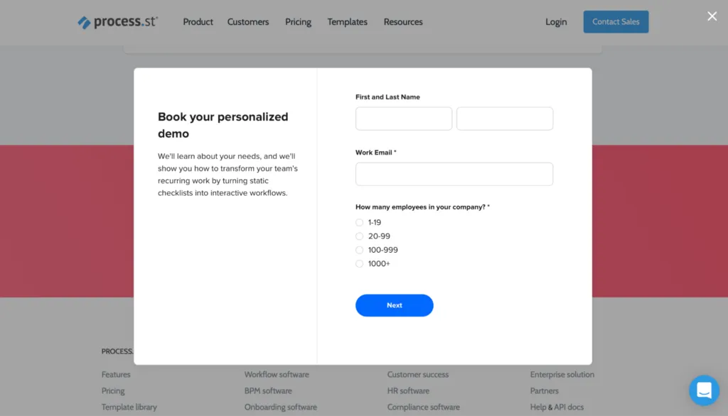 A screenshot of the Process Street form to book a personalized demo.