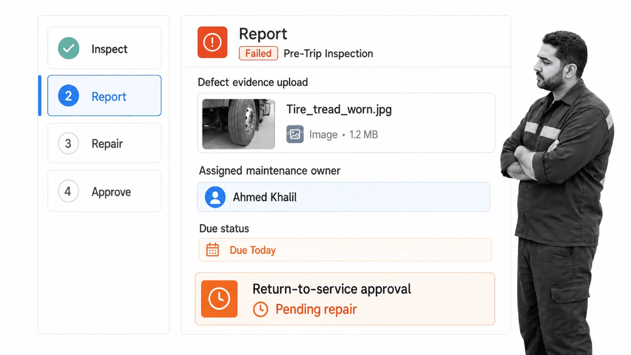 Fleet inspection workflow showing defect evidence and return-to-service approval pending repair