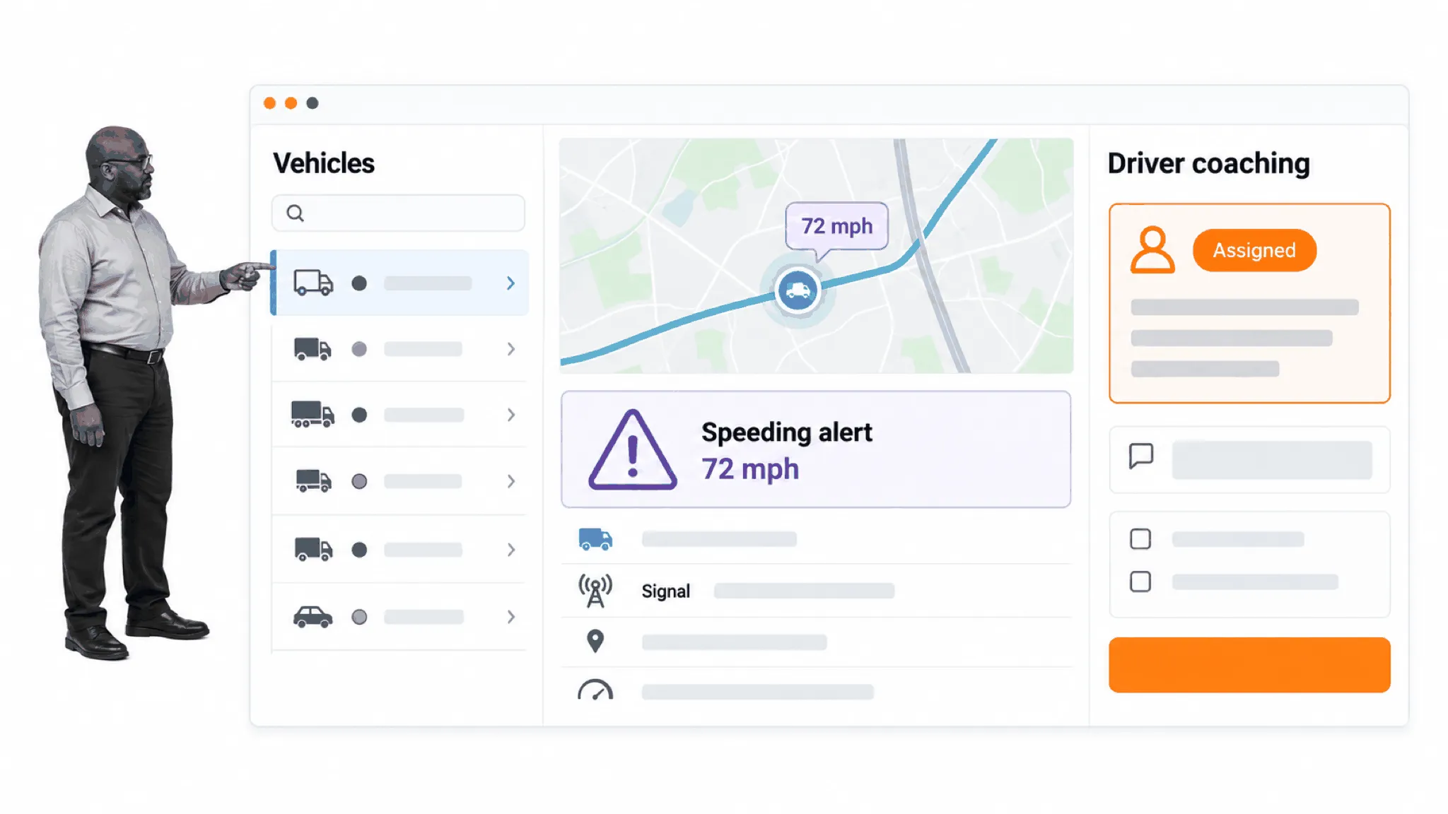 Fleet operations software showing a vehicle signal, speeding alert, and assigned driver coaching action