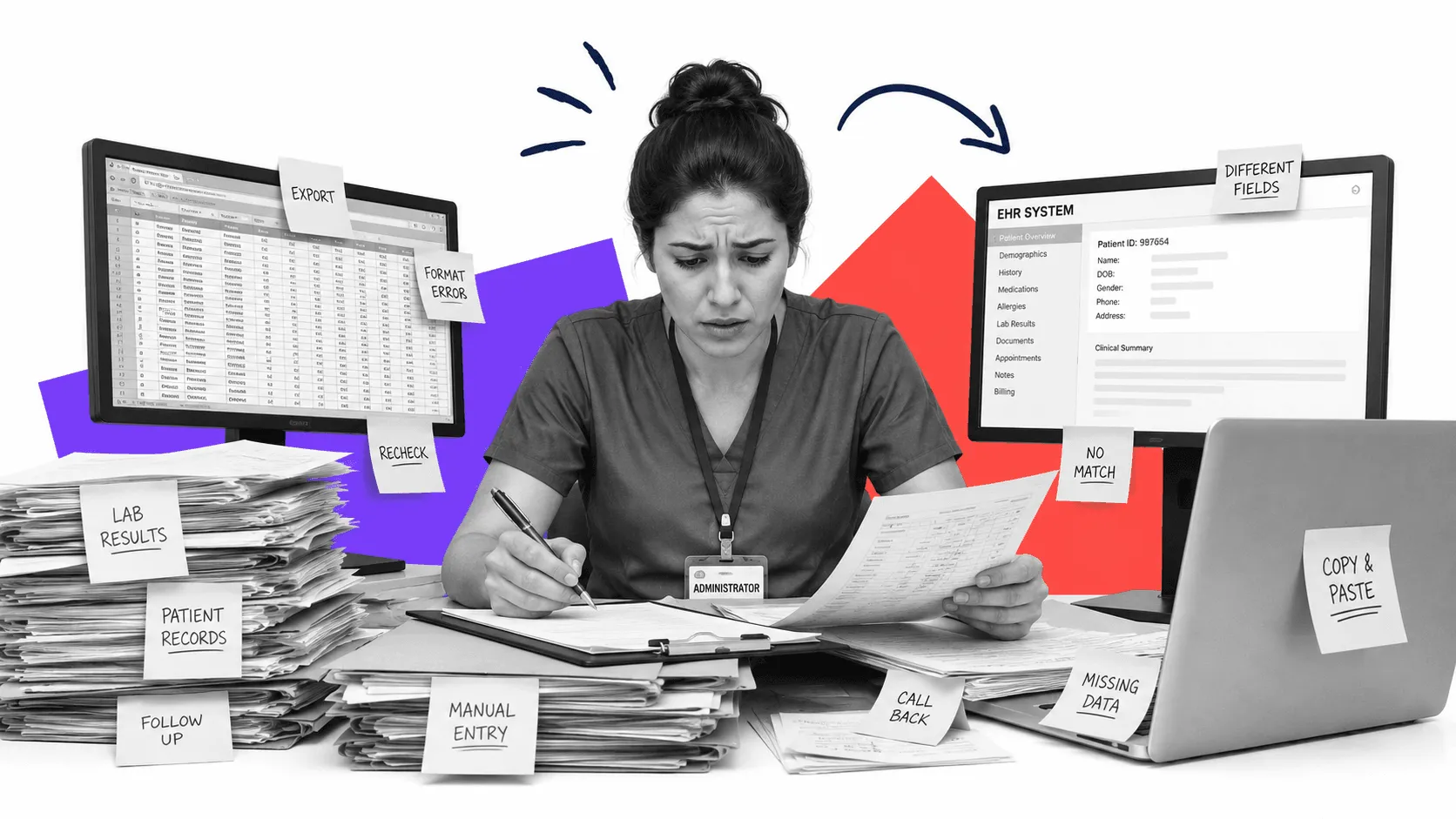 Healthcare administrator managing fragmented tools and manual data entry across disconnected systems