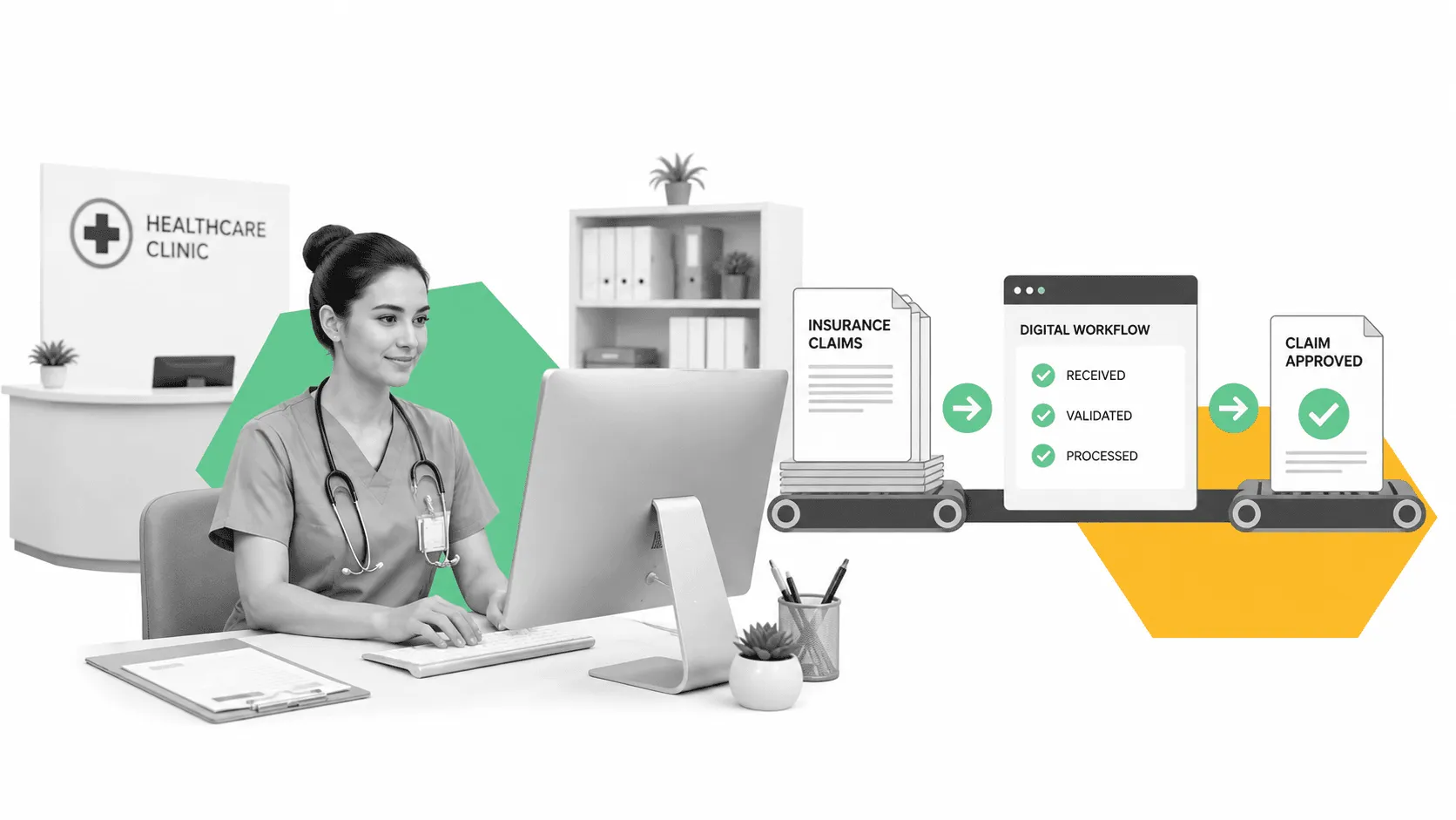 Healthcare clinic with digital workflow automation dashboard for insurance claims processing