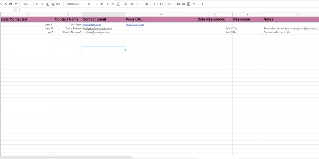Outreach Log Spreadsheet