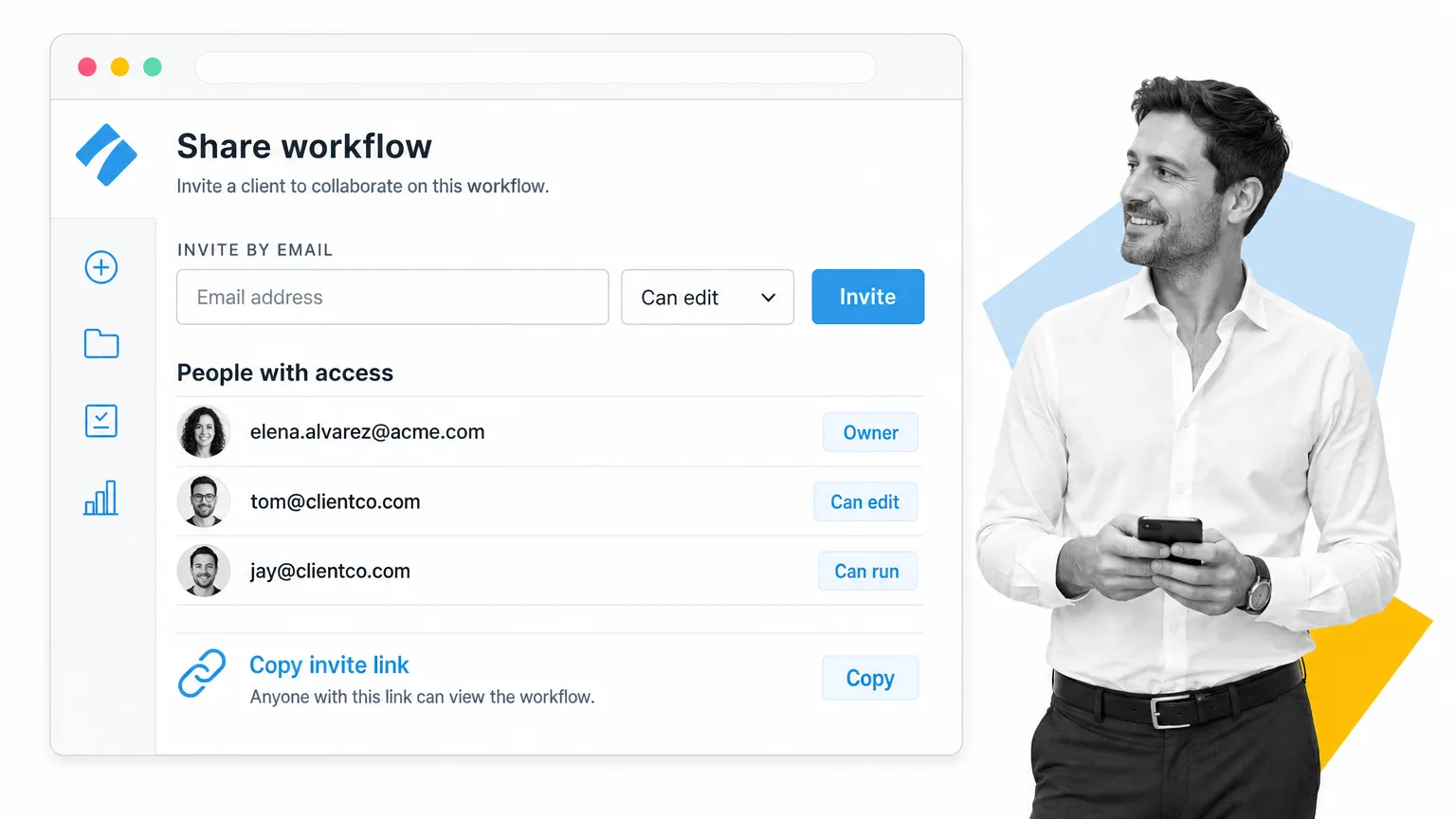 share a workflow with a client by email or copy invite link