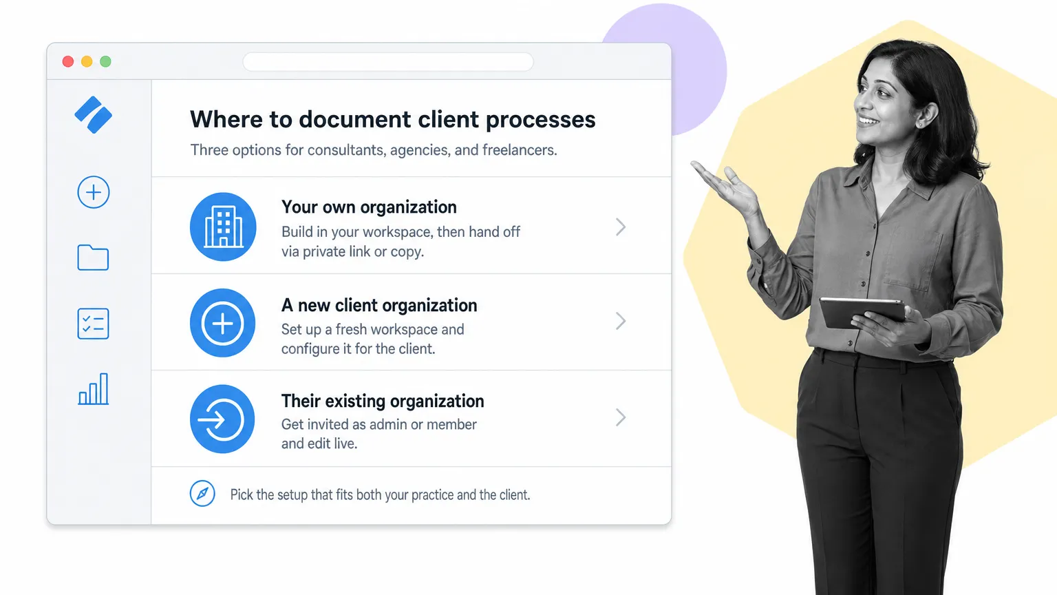 three options for documenting client processes: own organization, new organization, or clients existing organization