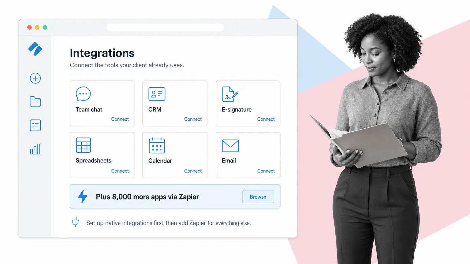 Process Street integrations panel with native app tiles and 8000 more apps via Zapier