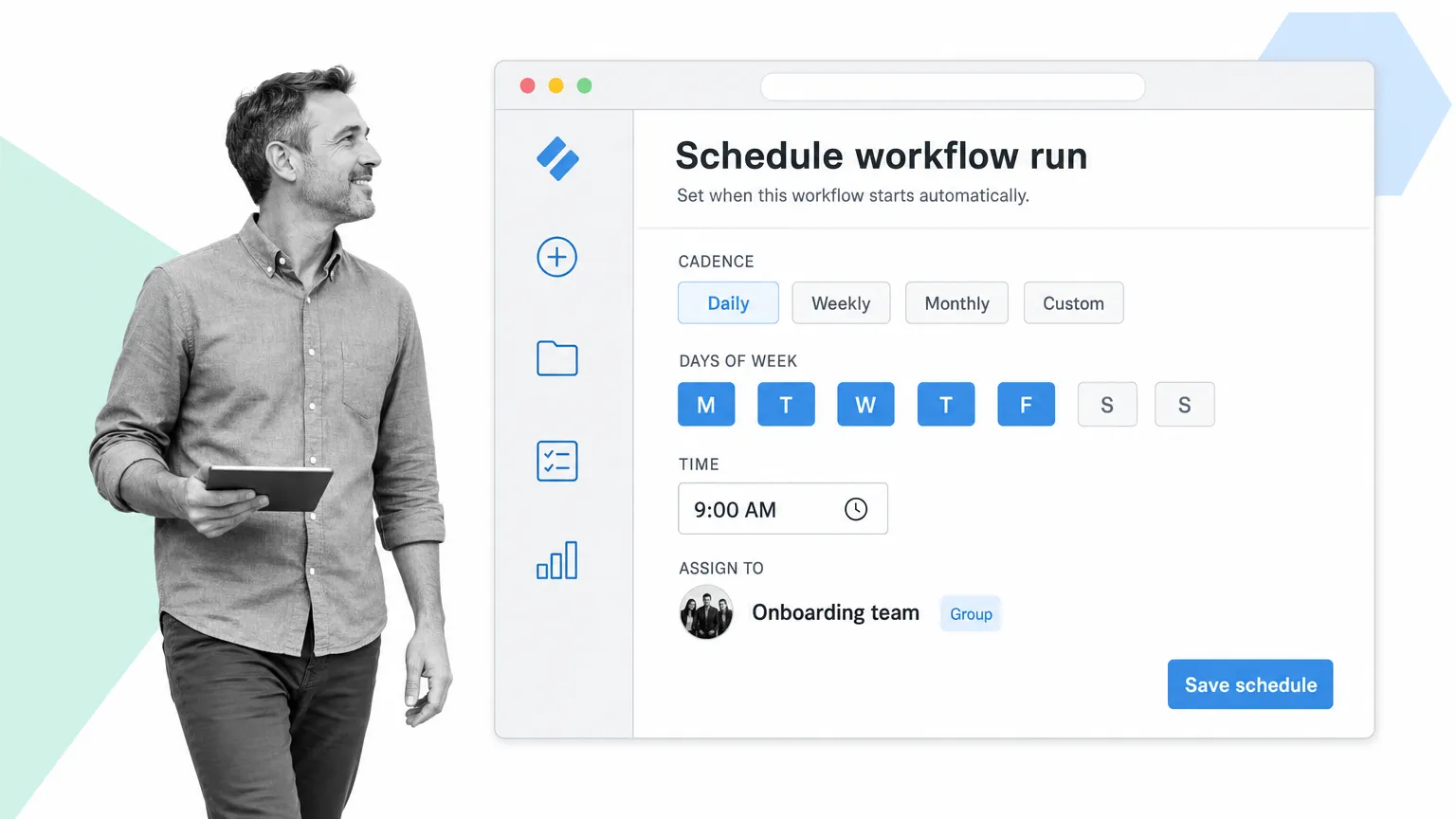 schedule a Process Street workflow run with cadence, day of week, time, and assignee