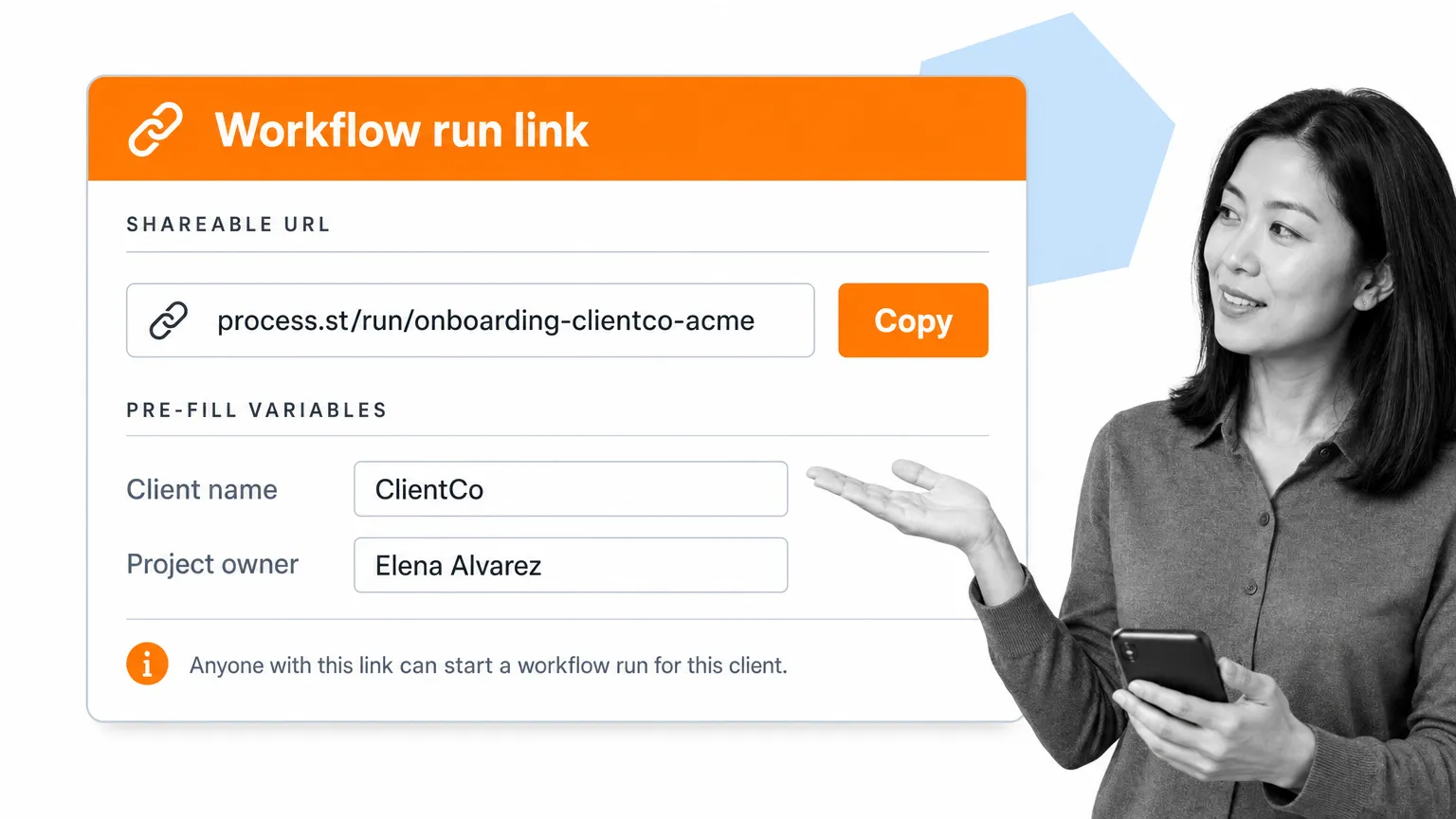Process Street workflow run link card with shareable URL and pre-fill variables